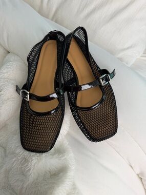 Black Mesh Mary Jane Flats with Strap